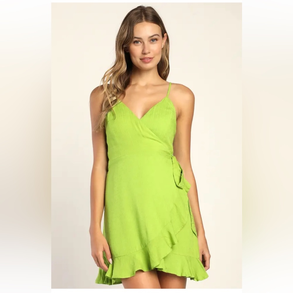 Lulus Sunny Day Style Lime Green Ruffled Mini Wrap Dress NWT - size large